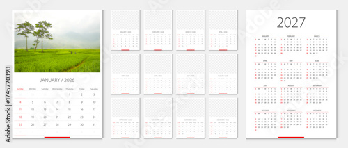 Calendar 2026, calendar 2027 week start Sunday corporate design template vector. Desk calendar 2027. Sample image with mesh.