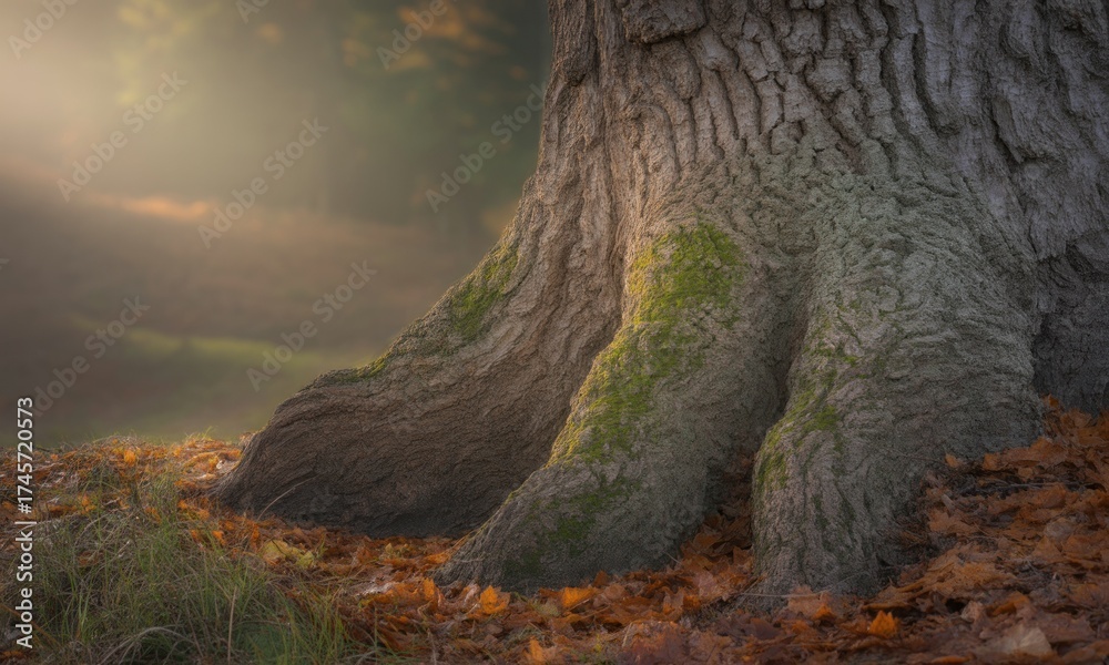 Fototapeta premium Majestic tree trunk & roots, covered in moss and surrounded by fallen autumn leaves