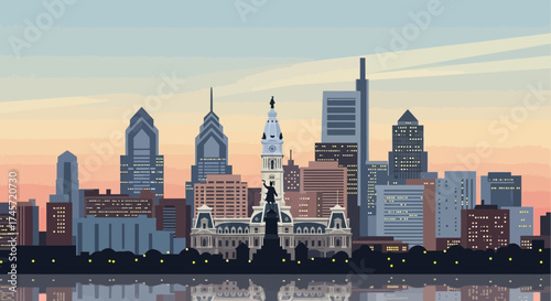 Pixel art cityscape featuring various buildings and skyscrapers under a colorful sky.