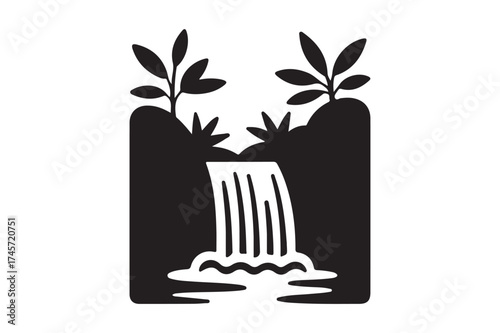 Black and white silhouette of a waterfall with plants
