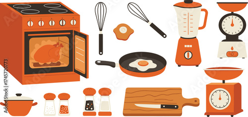 Kitchen appliance and utensil illustration set, oven, blender, frying pan, cooking tools, hand-drawn vector, white background, food preparation