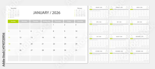 Calendar 2026 week start Sunday corporate design planner template.