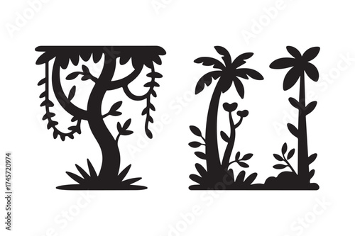 Silhouettes of tropical trees and jungle foliage