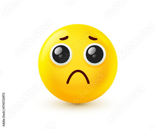 Vector illustration of yellow emoji with tear in eyes. 3d cartoon style design of sad emoticon. Unhappy emotion smile face. Funny smile character icon. Unhappy and tearful mood
