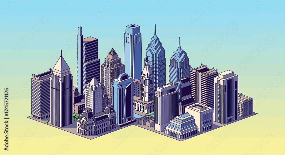 Obraz premium Isometric illustration of a modern cityscape, featuring various skyscrapers and towers under a gradient sky.