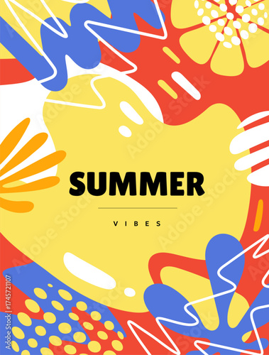 Vector creative summer vertical illustration. Geometric poster template with abstract shape and line. Flat seasonal cartoon style design of background with summer text and tropical leaves