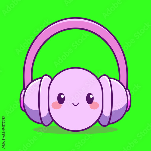 Adorable kawaii pink headphones character with big eyes and rosy cheeks smiling happily on a vibrant green background