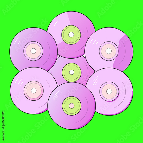 A vibrant illustration of a cluster of seven stylized pink vinyl records with light green centers against a bright green background