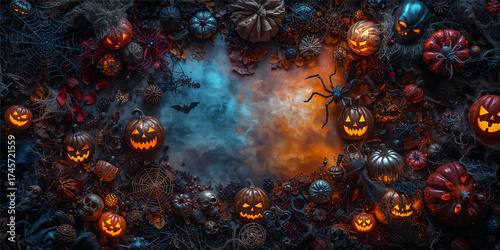A dark festive arrangement of glowing jack o lanterns skulls cobwebs spiders bats and autumn leaves forming a Halloween frame illuminated by blue and orange lighting creating a spooky atmosphere