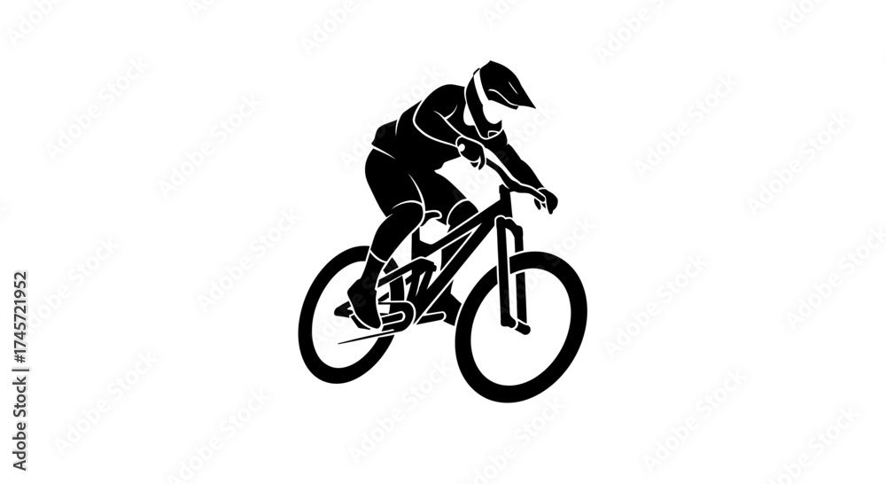 Obraz premium Silhouette of a cyclist riding a mountain bike, wearing protective gear and helmet, in a dynamic action pose.
