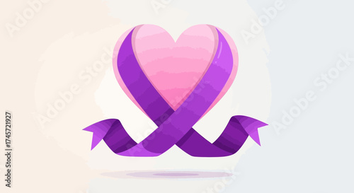 A pink heart shape with a purple ribbon wrapped around it, symbolizing love and support.