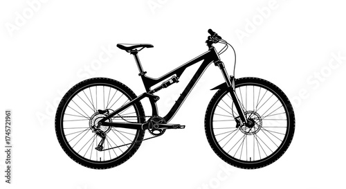 A black mountain bike with suspension and disc brakes is displayed against a white background.