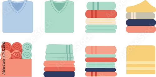 Folded clothing and towel illustration set, laundry organization, pastel stack, hand-drawn vector, white background, textile storage concept