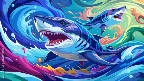 Very beautiful  Sharks with wide open mouths swim through splashing water and dynamic colorful paint strokes in a dramatic action-packed ocean encounter
