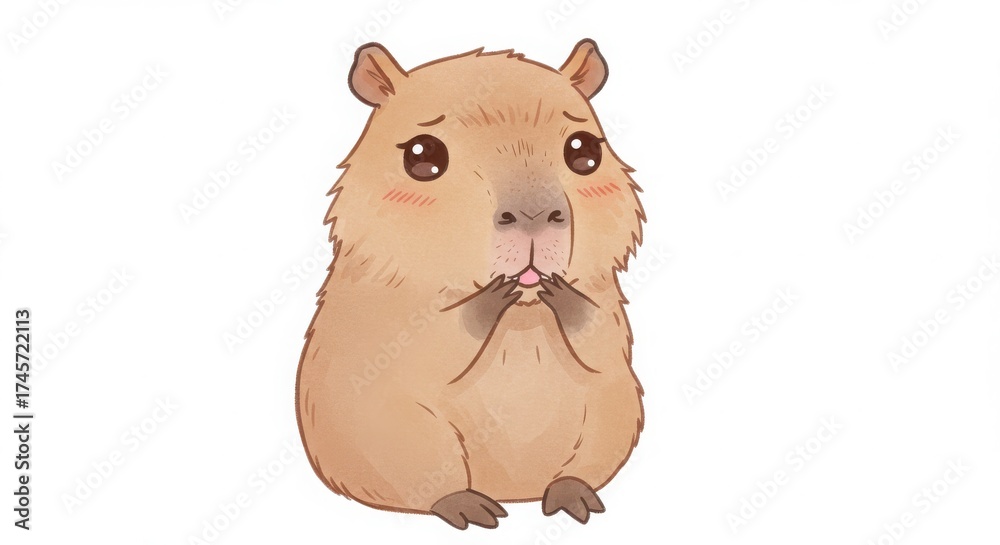 Fototapeta premium a cute cartoon capybara biting nails looking nervous pastel kawaii in watercolor style isolated on white background
