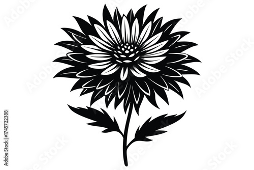 Elegant Black Silhouette of a Chrysanthemum Flower with Stem and Leaves Illustration