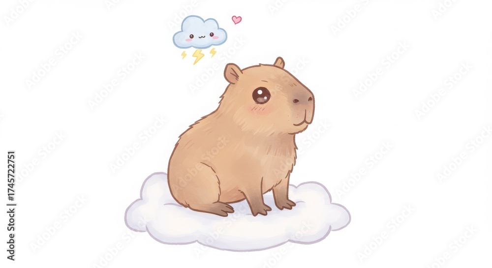 Obraz premium a cute cartoon capybara sitting with tiny storm cloud above pastel cozy in watercolor style isolated on white background