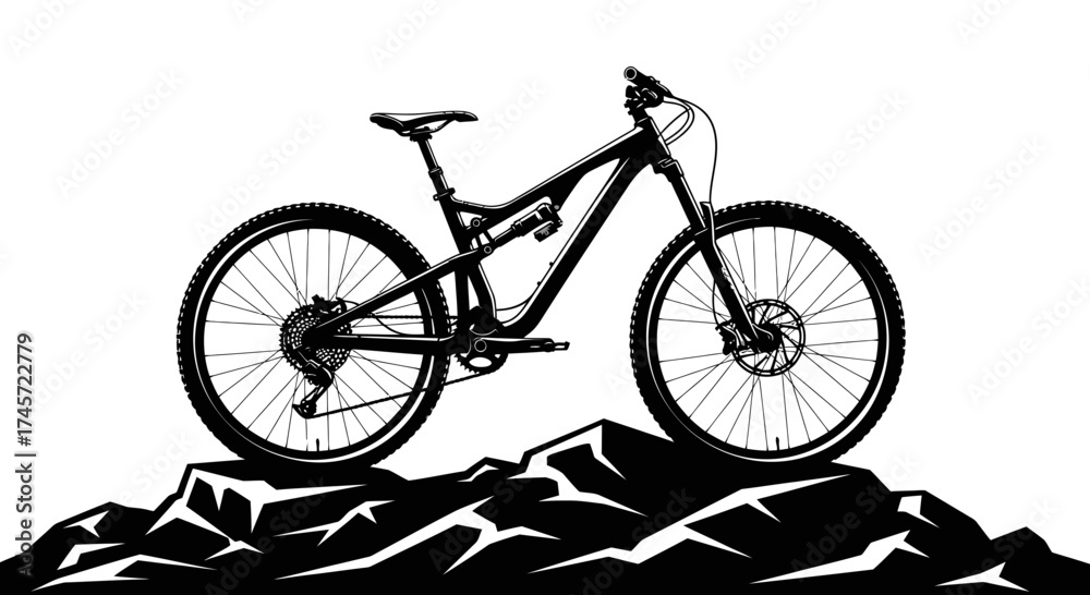 Fototapeta premium A black and white illustration of a mountain bike resting on a rocky terrain.