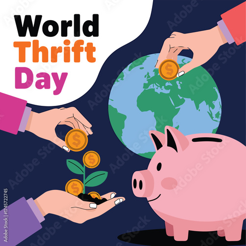 Vector art of world thrift day illustration with hands, coins, piggy bank, and globe