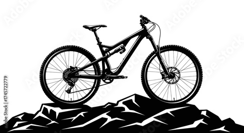 A black and white illustration of a mountain bike resting on a rocky terrain.