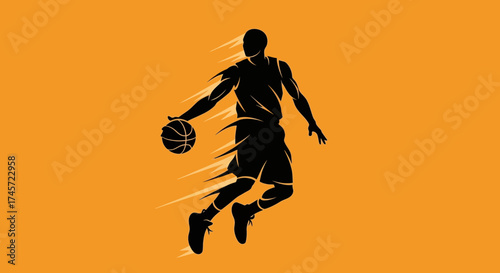 Silhouette of a basketball player dribbling the ball while jumping, with motion streaks indicating speed, against an orange background.