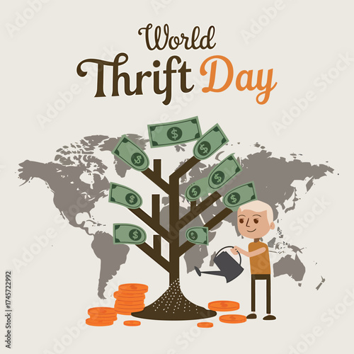 Vector art of world thrift day concept with a boy watering a money tree with coins and banknotes on a world map background