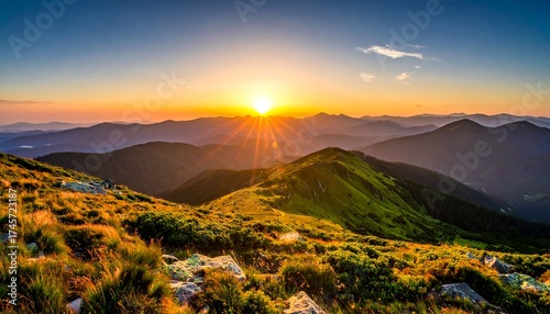 Majestic mountain sunset, vibrant colors, and lush peaks