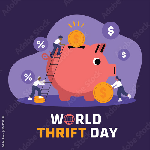Vector art of world thrift day illustration with people saving money in a piggy bank and coins, symbolizing financial planning and investment