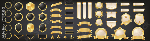 Luxury golden labels. Gold banner, ribbon and premium VIP label, vintage royal sticker and sale tag. Award certificate stamp, retro quality seal, promotion emblem. Vector set