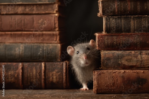 Curious rat exploring old books on a wooden table