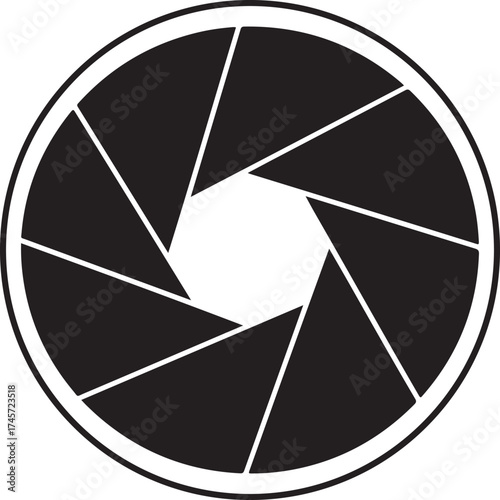 Stylized black and white illustration of a camera aperture with seven blades lens diaphragm