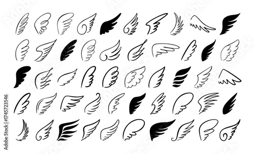 Doodle angel wings. Line vintage sketch flying wing tattoo, hand drawing black silhouette bird feathers, freedom concept, hawk and eagle, falcon emblem. Vector isolated outline icons