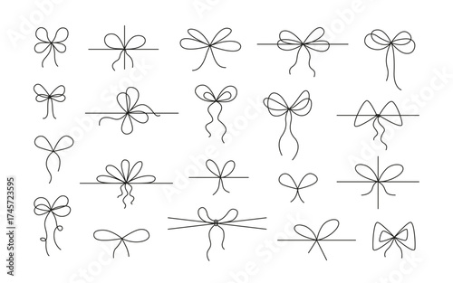 Line gift bow. Hand drawn ribbon with bow and knot, minimal doodle frame for birthday and Christmas present, wedding card, thin black rope, string decoration. Vector isolated set