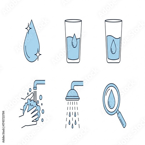 Editable Vector Pack of Line Icons for Glass, Magnifier, Washing Hands, and Shower Design
