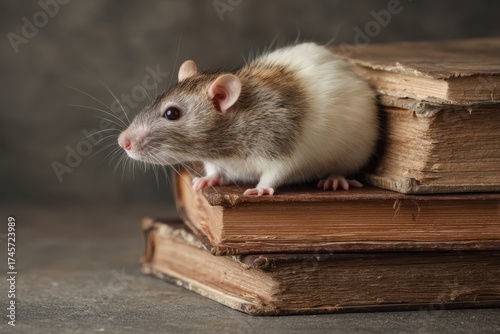 Curious rat exploring old books in a cozy setting