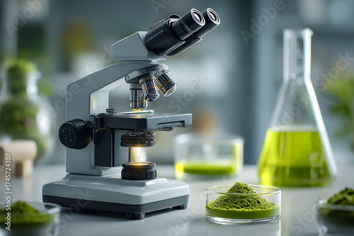 Green powder sample under microscope with beaker flask containing green tea extract. Laboratory setup for scientific research pharmaceutical.
