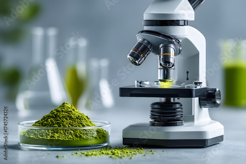 Green powder sample under microscope with beaker flask containing green tea extract. Laboratory setup for scientific research pharmaceutical.