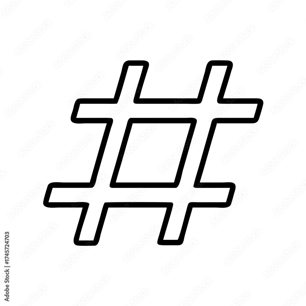 Fototapeta premium Bold black outline of a classic hashtag symbol, representing digital communication, social media trends, and online content organization