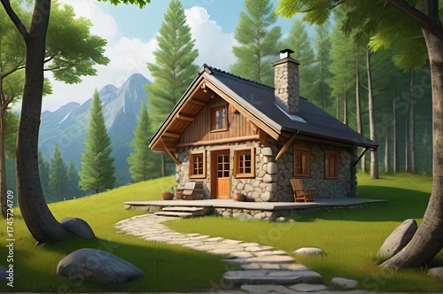 Charming wooden cottage nestled in a serene forest setting with mountains in the background