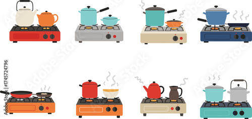 Gas stove illustration set, cooking pots, kettles, frying pans, steam and smoke, hand-drawn vector, white background, kitchen appliance concept
