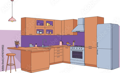 Modern kitchen interior illustration, wooden cabinets, purple backsplash, countertop accessories, refrigerator, stove, hand-drawn vector, white background, home design