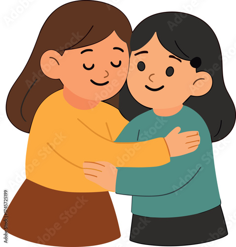 A heartwarming flat-style illustration of two friends hugging each other, expressing kindness, comfort, and emotional support.