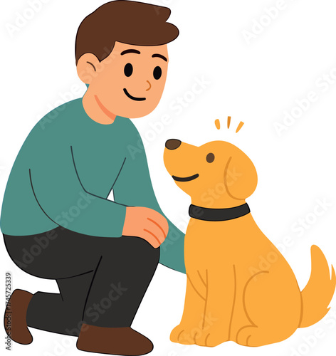 A friendly flat-style illustration of a man kneeling down to pet a happy yellow dog, symbolizing kindness, care, and the special bond between humans and animals.