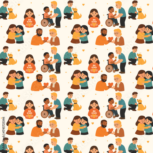 A seamless flat-style pattern celebrating kindness, featuring diverse people sharing love, hugging, helping others, caring for animals, and spreading positivity through warm-hearted interactions.