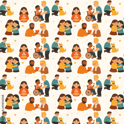 A seamless flat-style pattern celebrating kindness, featuring diverse people sharing love, hugging, helping others, caring for animals, and spreading positivity through warm-hearted interactions.