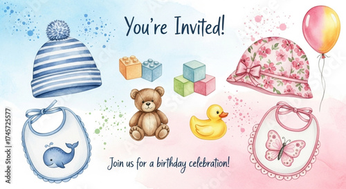 Baby Clothes Watercolor Illustration - Hats and Bibs for Kids Birthday Invitation
