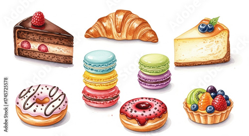 Set of Watercolor Cakes and Pastries of Different Kinds