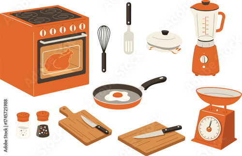 Kitchen appliance illustration set, oven, blender, cooking pot, frying pan, utensils, cutting board, hand-drawn vector, white background, culinary tools