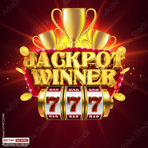 Jackpot winner luxury gold casino 3d editable vector text style effect. Shiny golden winner title with las vegas style. Editable shiny casino typography for flyer and promotion design. 