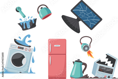Broken appliance illustration set, malfunctioning household items, cracked monitor, leaking washer, sparking fan, hand-drawn vector, white background, repair concept